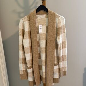 LOFT Tan and Cream Plaid Open Cardigan